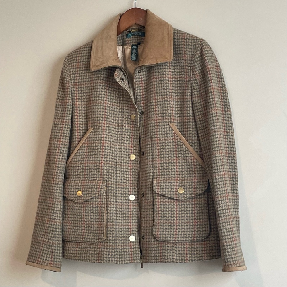 Vintage Lauren Ralph Lauren Houndstooth Wool Jacket Leather Trim Full Zip Sz S - Picture 4 of 12
